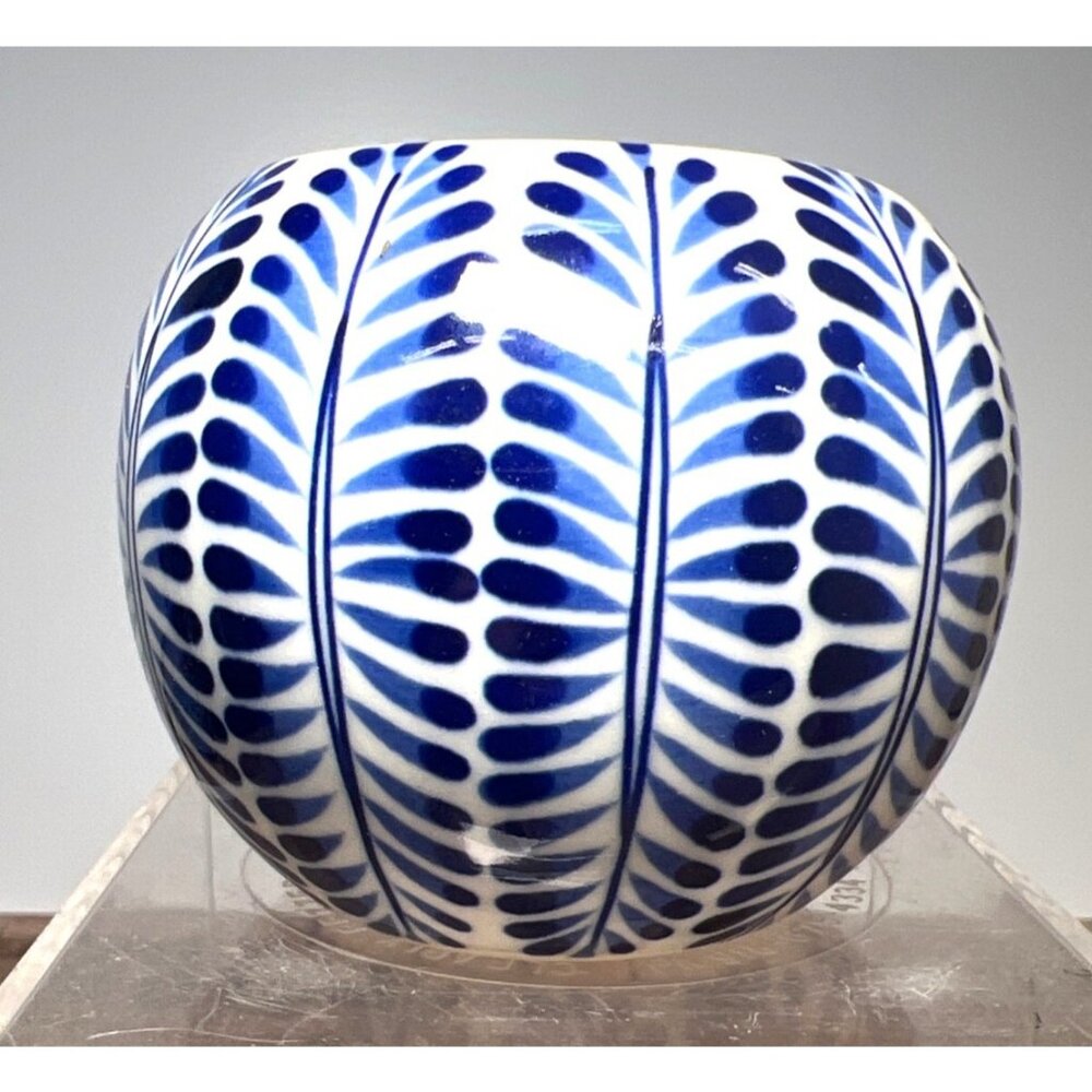 Vintage Blue & White CeramicCandle Holder With Leaf Pattern